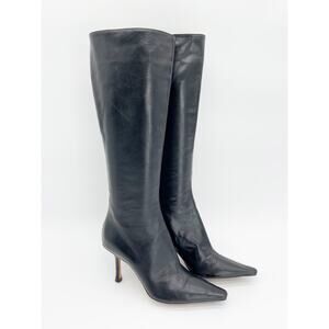 Jimmy Choo Peony Black Leather Pointed Square Toe Knee High Heeled Boot IT 37